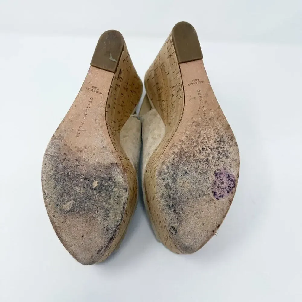 Veronica Beard Tan Suede Peep Toe Slingback Cork Wedges Women's Sz 8.5 High Heel